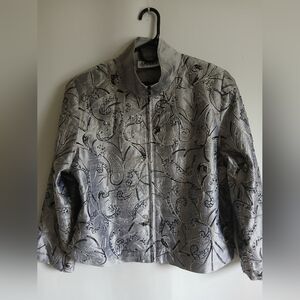 Anage Gray With  Black Sequin Floral Lined Jacket Zip Front SzLarge